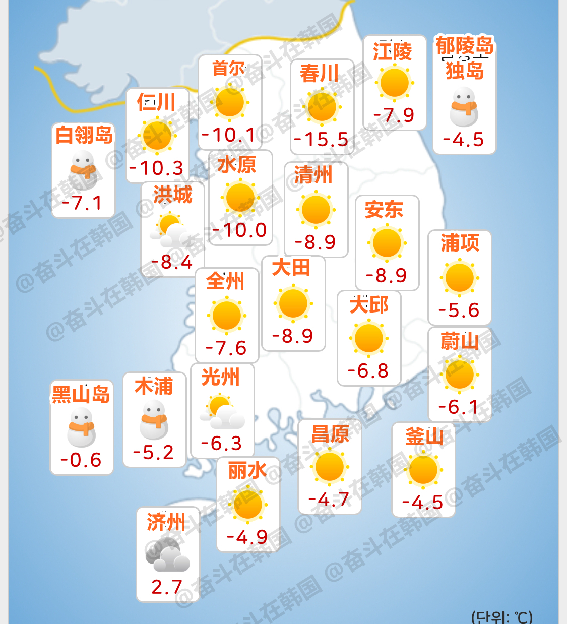 今天韩国天气情况，多穿点吧[生病] 