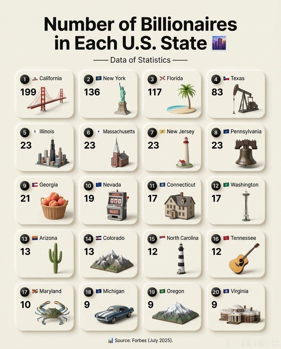 美国各州亿万富翁人数🌆(资产$10亿美元以上）1. 加利福尼亚州：199位2.