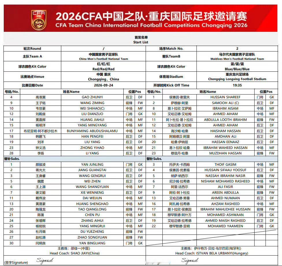 国足vs马尔代夫首发 今晚19：35，中国之队邀请赛重庆赛，国足将在重庆龙兴足球
