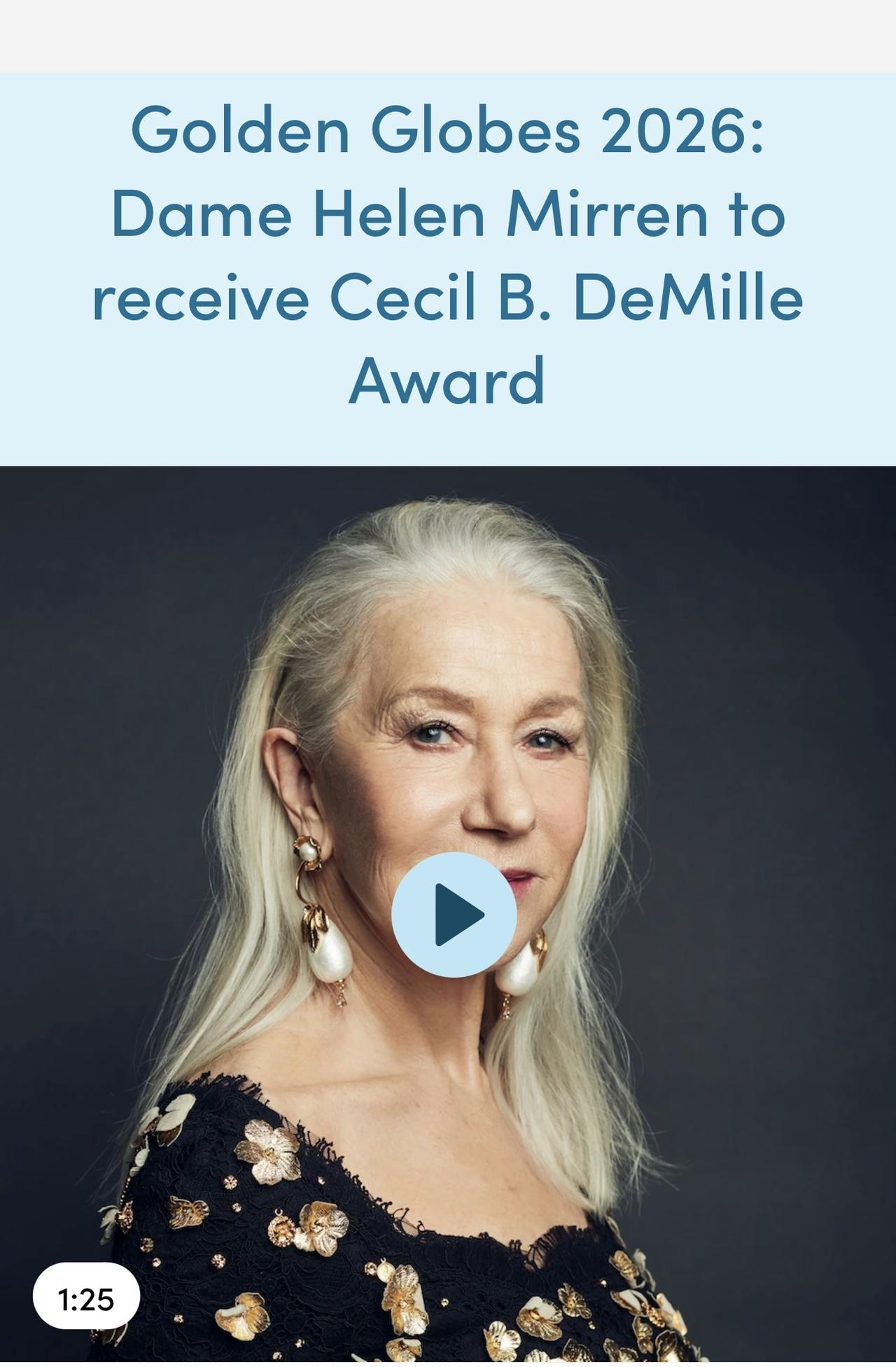 金球奖周三宣布，海伦.米伦Dame Helen Mirren已被选为2026年的