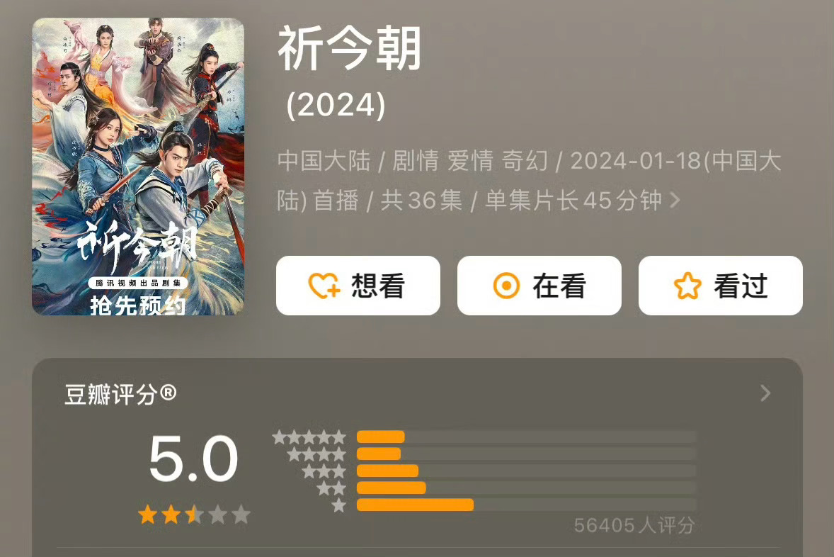 许凯虞书欣的《祈今朝》接近6万人，评出了 5.0 分！[吃瓜][吃瓜][吃瓜]许