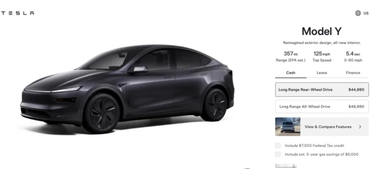 特斯拉在美推出更实惠 Model Y，享受7500美元联邦税收优惠后起售价降至3