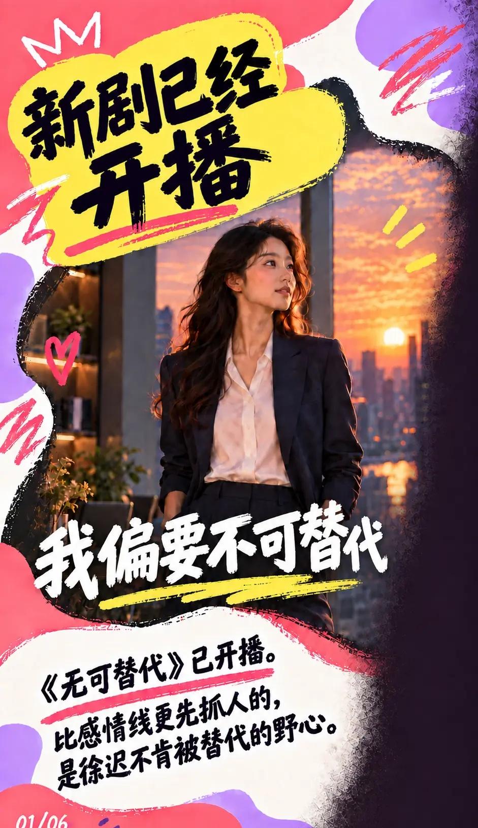 赵今麦魏大勋新剧开播：先搞事业再心动。《无可替代》已于9月28日开播。公开物料里
