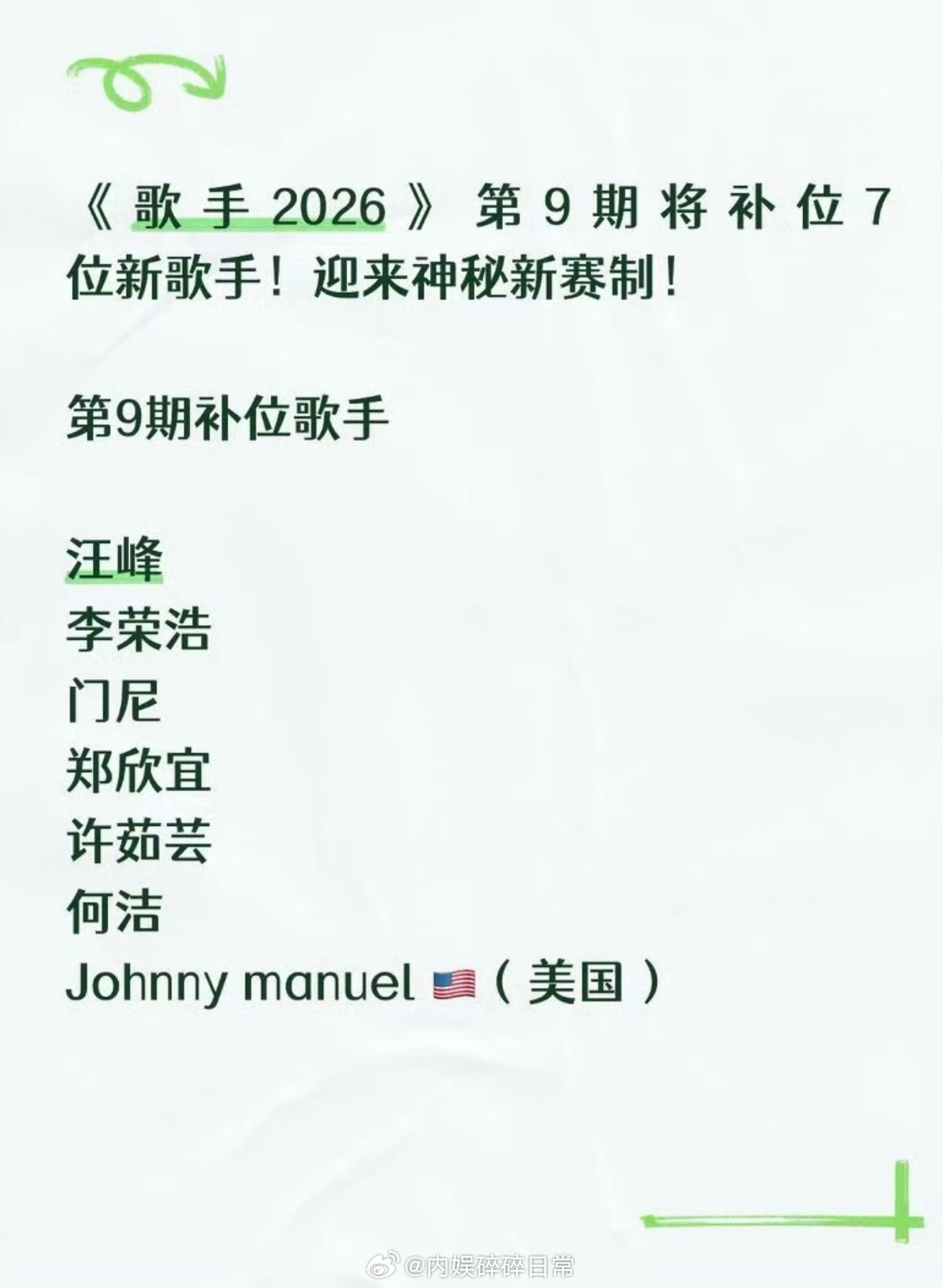 曝歌手第9期补位名单 网友曝《歌手2026》第9期将补位7位新歌手：汪峰、李荣浩