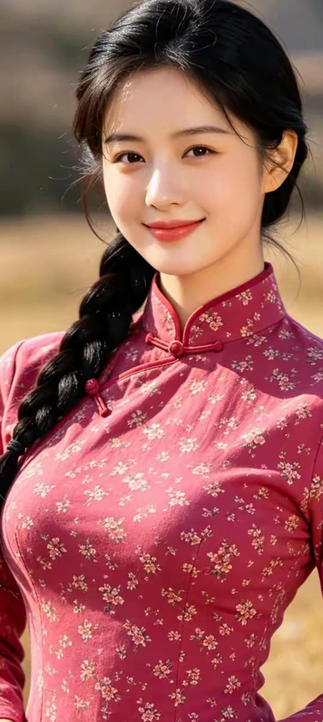 古典美人，一袭红衣，笑靥如花，韵味十足。