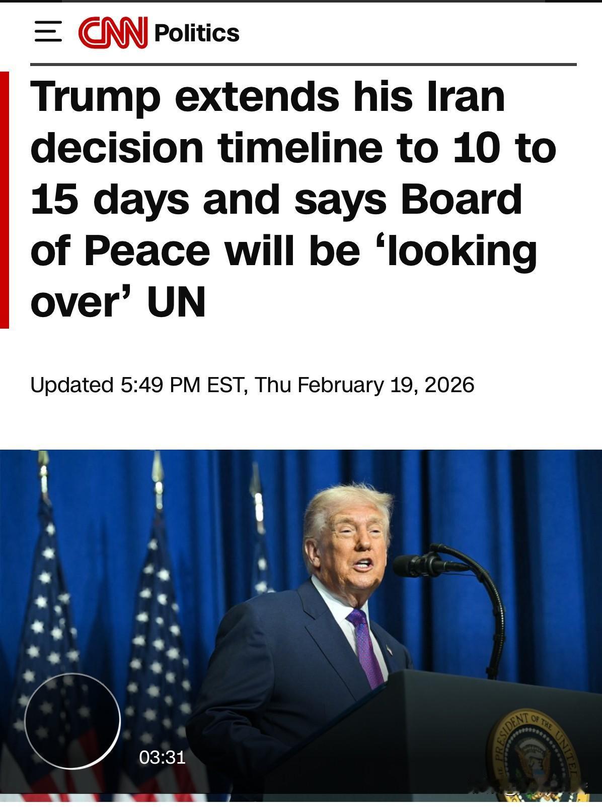 川普总统敦促伊朗达成协议，同时将潜在军事行动决定的时间表延长至10至15天。据消