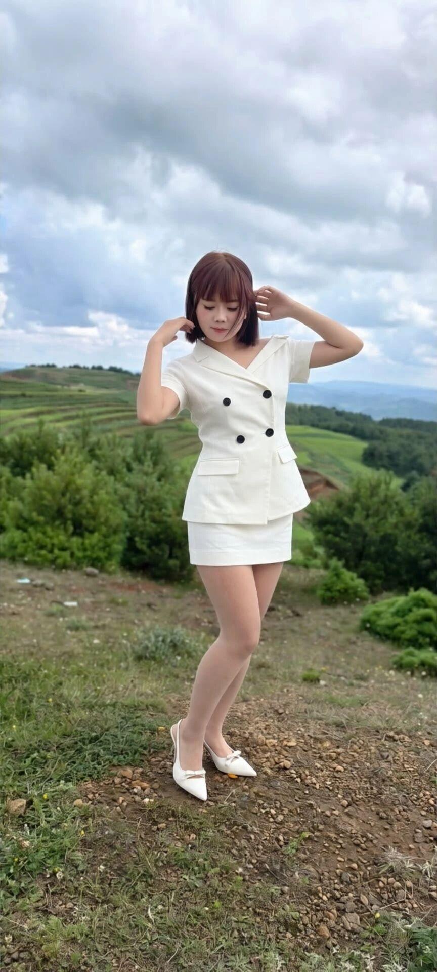 她站在山丘上，穿着白色连衣裙，手扶头发。