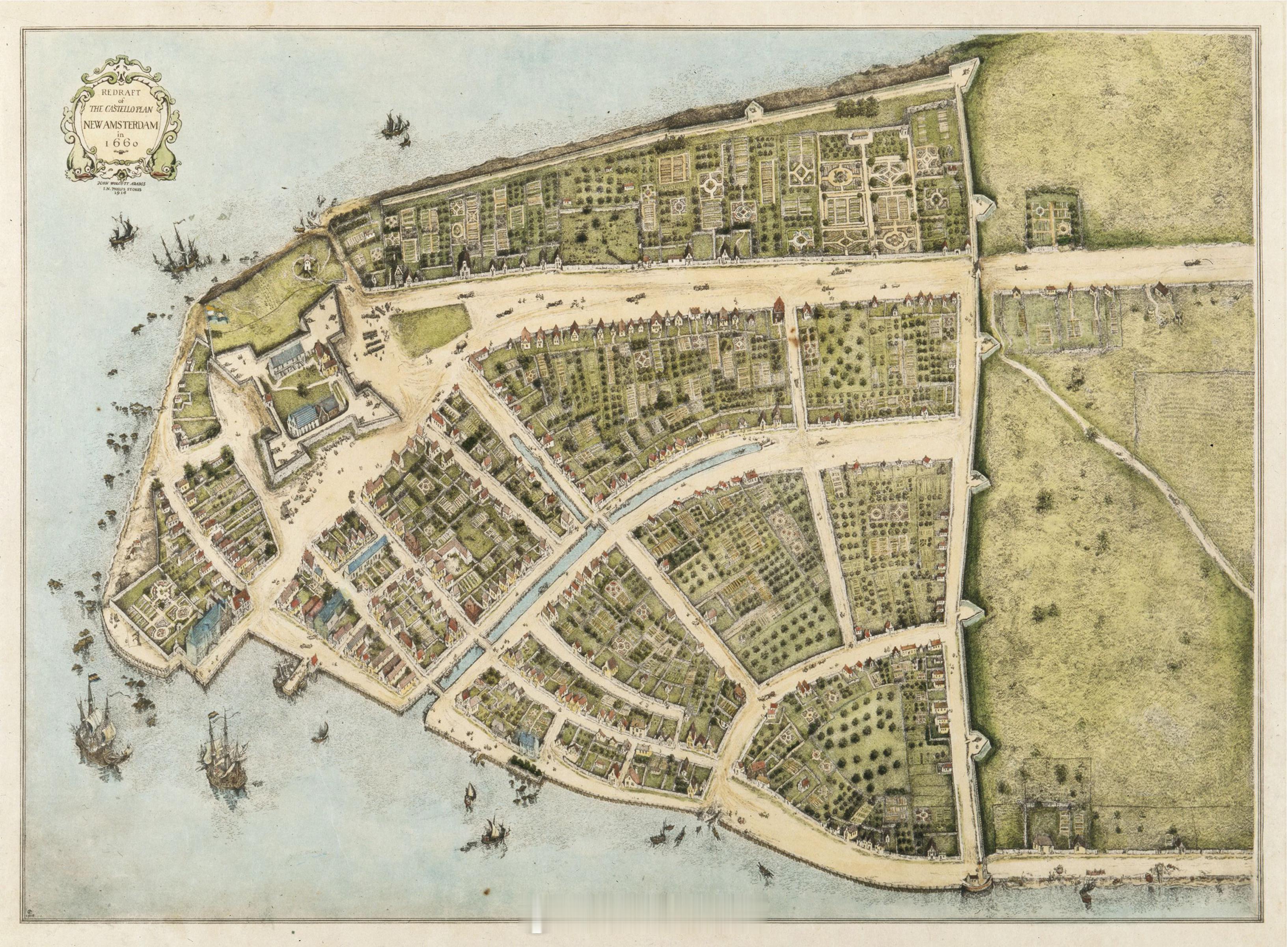 1660年 New Amsterdam 新阿姆斯特丹的地图。这个地方现在叫 Ne