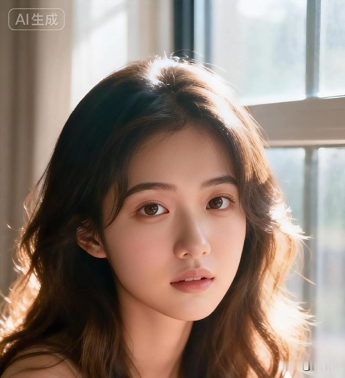 在柔和晨光的轻抚下，她蜷膝静坐于窗前，深棕色卷发如自然流淌的诗篇般散落，那恬静优