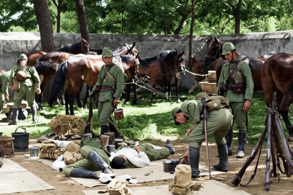 1937年7月18日，北平丰台附近，日军骑兵悠闲地站在马匹旁，有的在照看军马，有