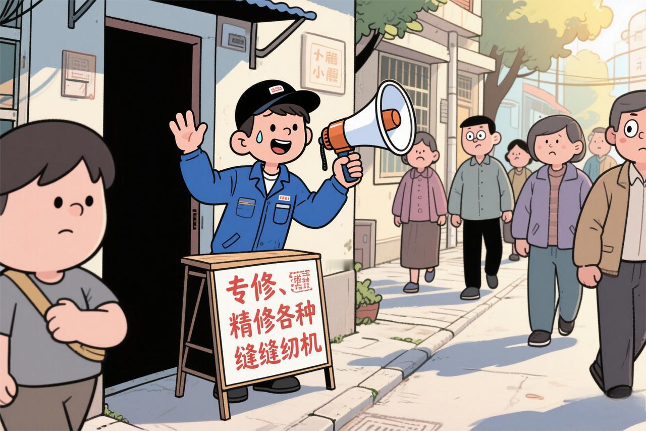今天早上去买菜，在小区门口看到一个年轻人在招揽生意，旁边的宣传牌上写着：专修、精