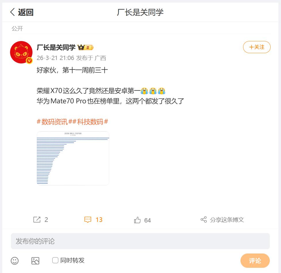 刚刚看到数码圈内大佬，分享了BY-RD观测，2026 W11 TOP30的排行榜