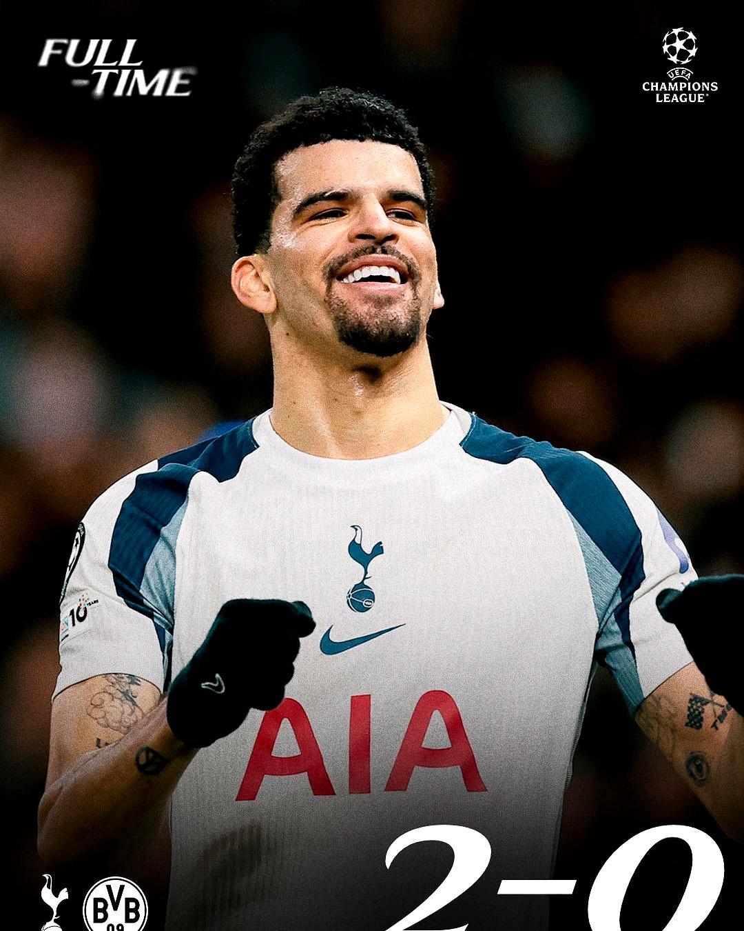 欧冠主场24场不败！
 
多特被罚下一人，热刺2比0收下。罗梅罗头槌、索兰克推空