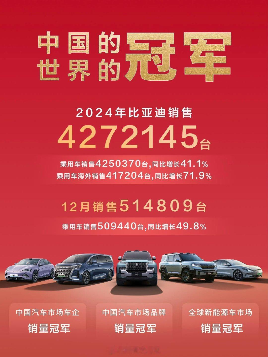 2024 比亚迪累计销量达到427万余辆，同比增长41.26%。海外销量同样表现