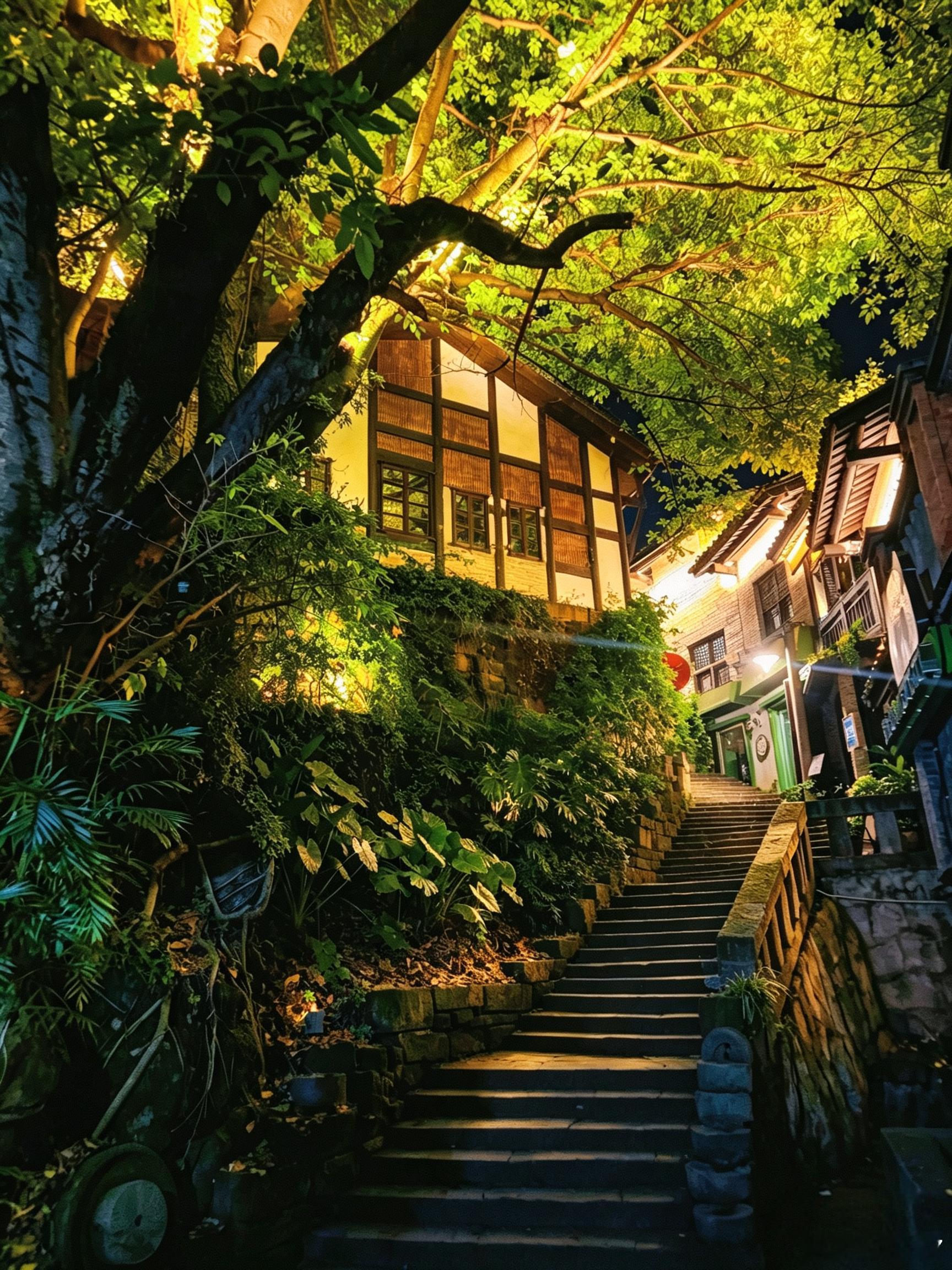 重庆的夏天，只有晚上出门才好受，沿着石阶慢慢往上走，大树底下吹着晚风，古树，老房
