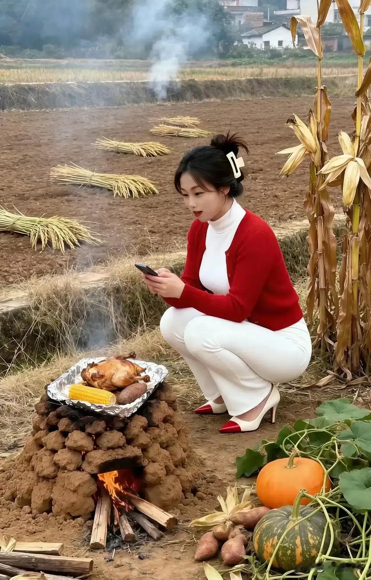 农村烤鸡配南瓜，生活真惬意。