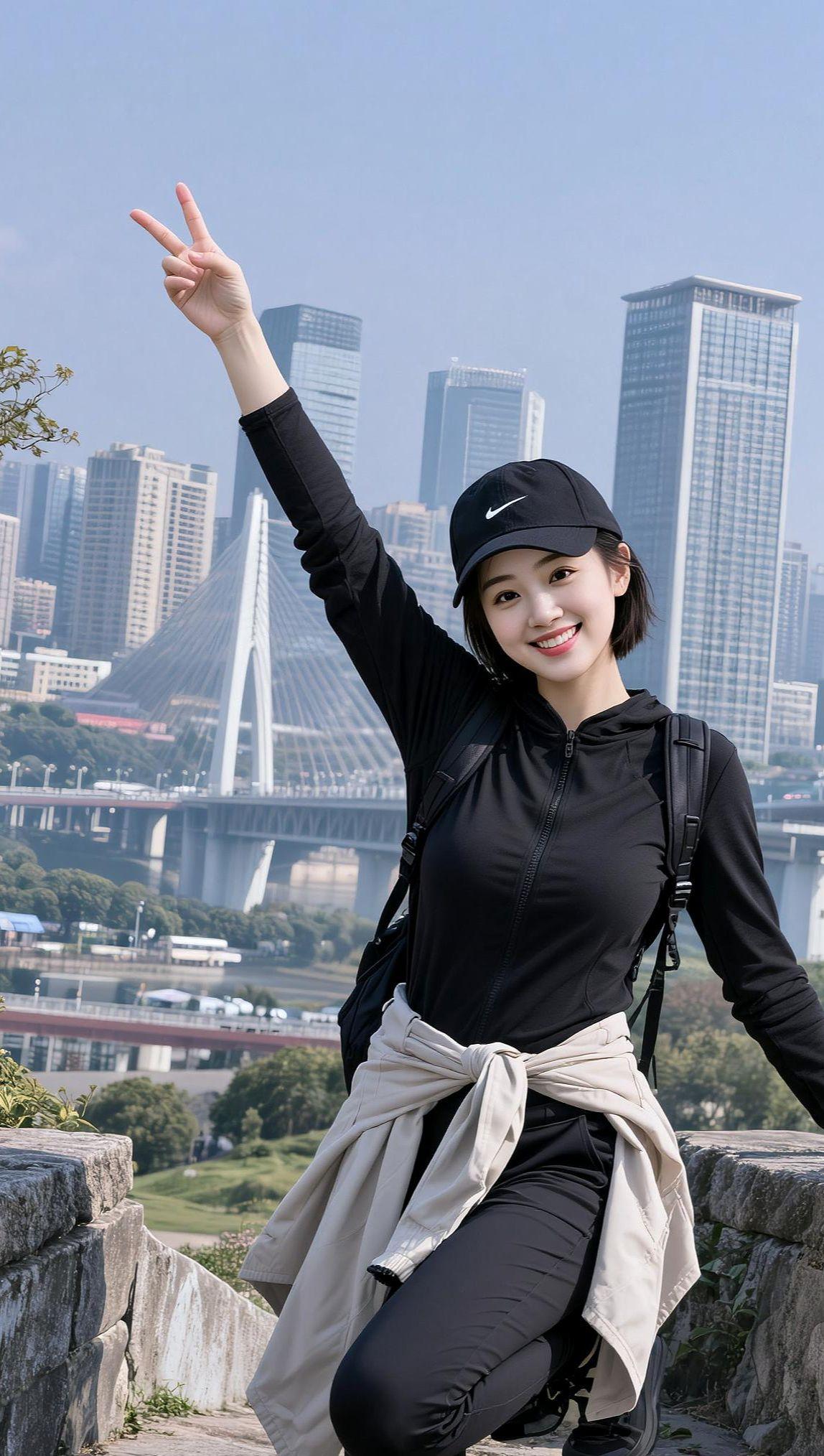 AI都市登山照 抖音ai创作 户外徒步