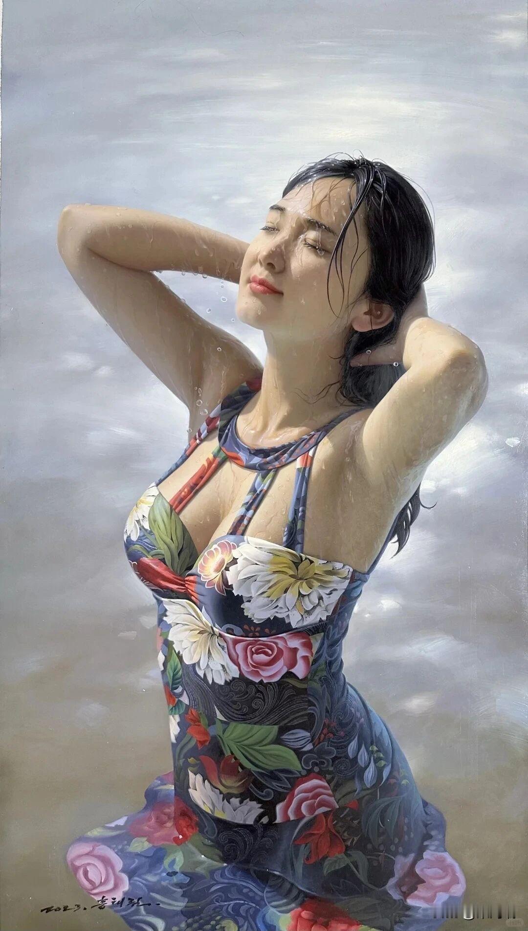 这幅油画《浴》是朝鲜人民艺术家洪泰林的代表作之一，尺寸为118×65厘米，创作于