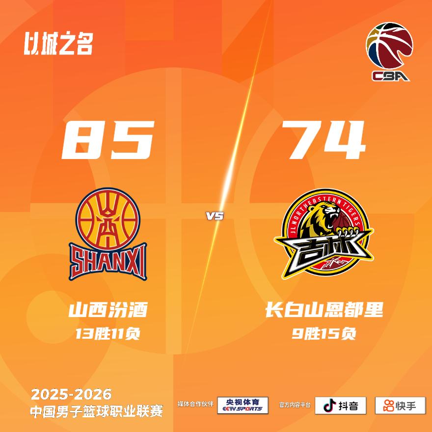 山西汾酒 85-74 长白山恩都里 山西男篮vs吉林男篮
山西汾酒：贾明儒20分