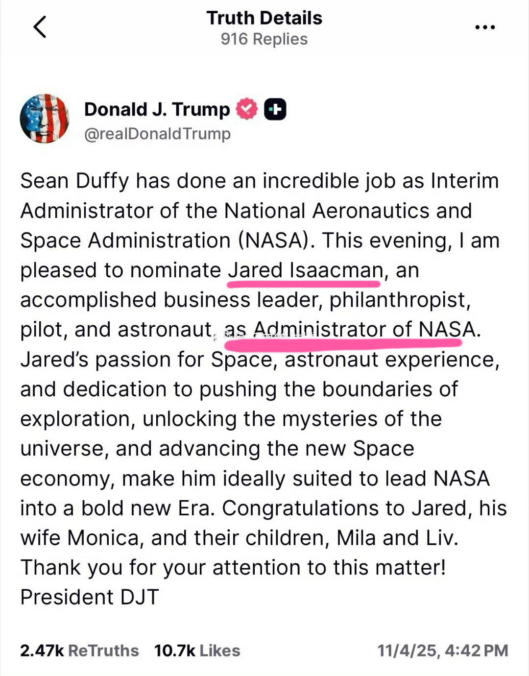 NASA新局长带资入职？ 今日特朗普正式和马斯克达成和解，特朗普同意任命马斯克挚