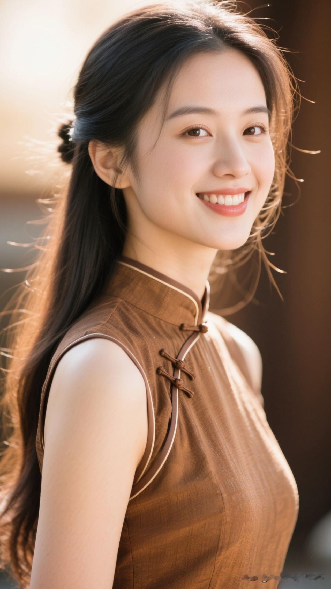 焦糖色旗袍裹着黄昏的柔，盘扣系住风的软，笑意漫开时，整个东方韵致都成了流动的诗。