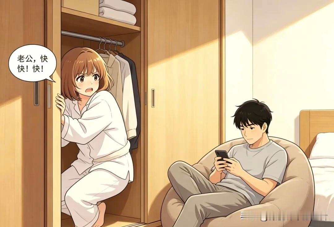 趣味漫画:老婆卡在柜子里说:老公，快！快！老公玩手机:现在吗？老婆继续说:快点啊