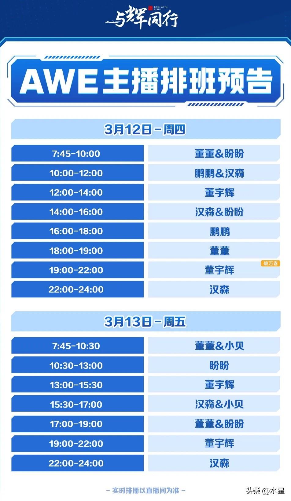 与辉同行AWE主播排班表出炉
12、13日在上海的活动精彩不断啊
董宇辉先在自己