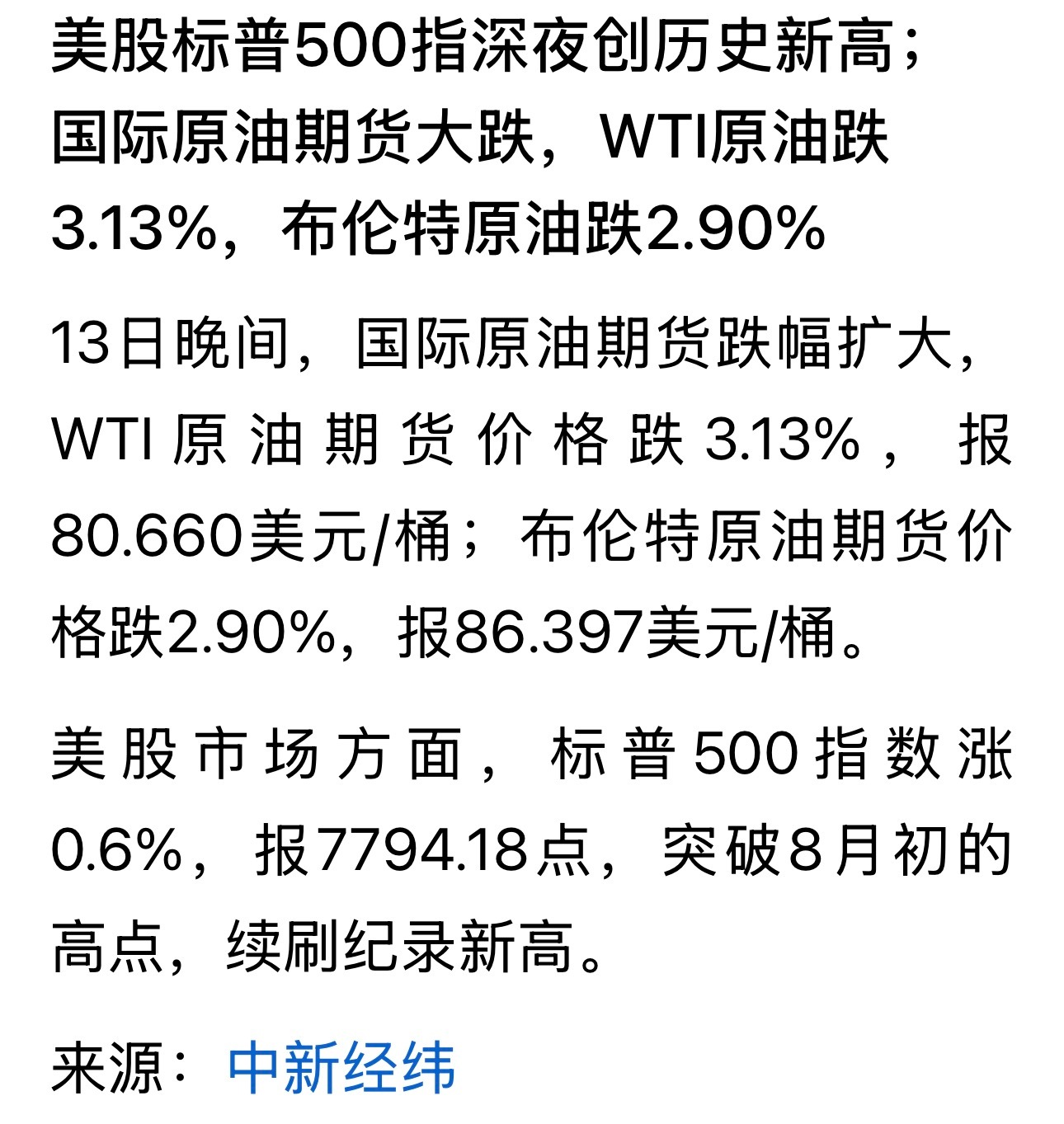 懒得说美股标普500指深夜创历史新高；国际原油期货大跌，WTI原油跌3.13%，
