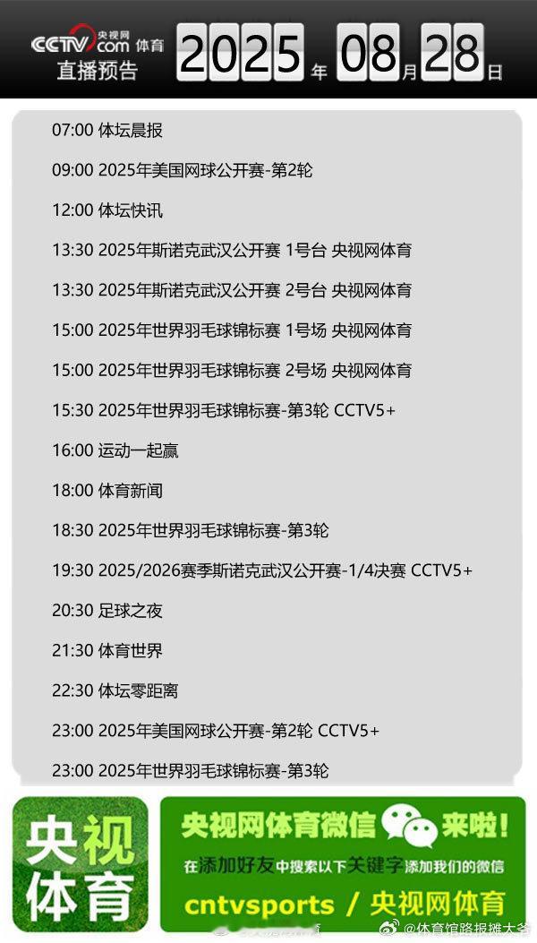 【央视网体育8月28日直播预告】07:00 体坛晨报；09:00 2025年美国