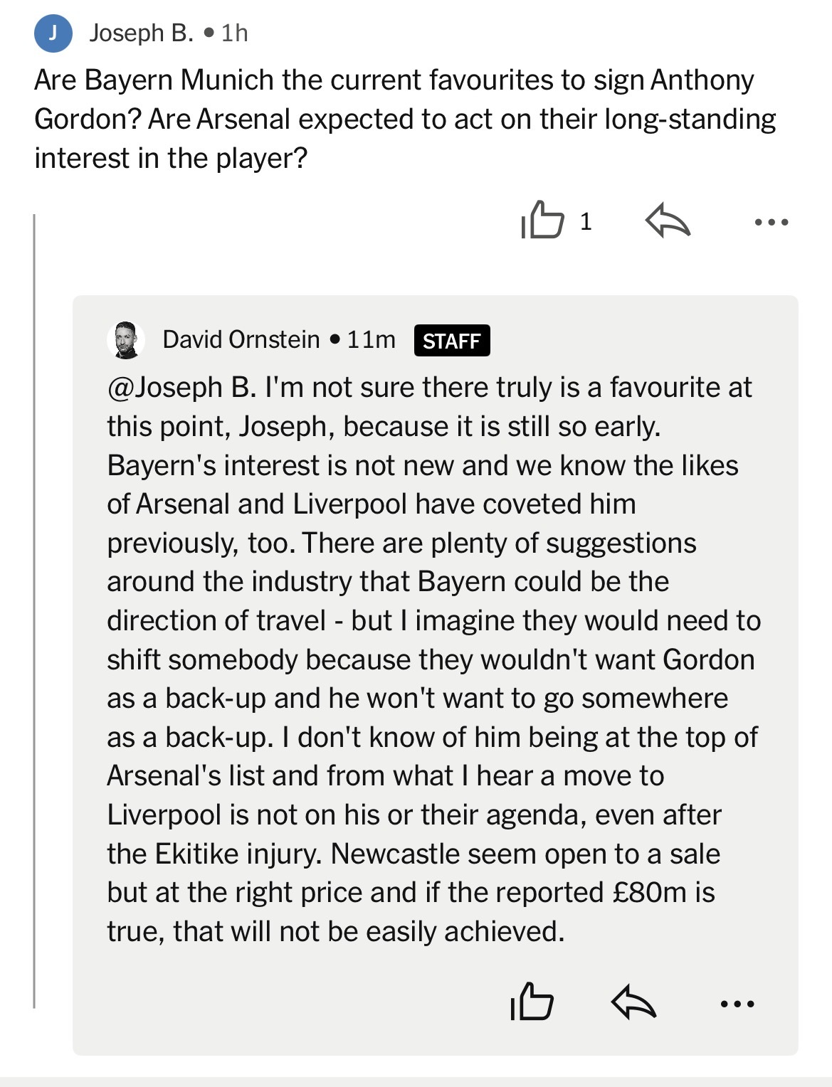 David Ornstein：关于戈登，拜仁的兴趣并不新鲜，而且我们知道阿森纳和