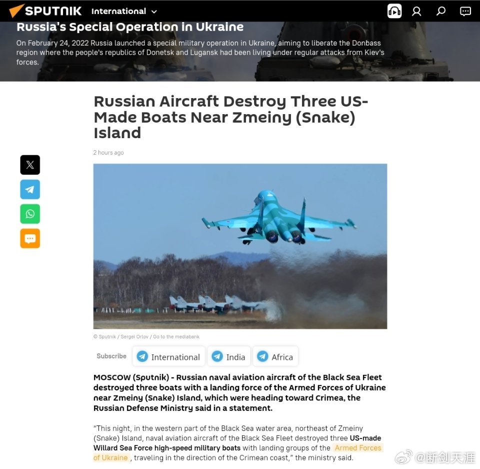 俄罗斯飞机在兹梅尼岛(蛇)岛附近摧毁了三艘美制船只俄罗斯国防部在一份声明中说，黑