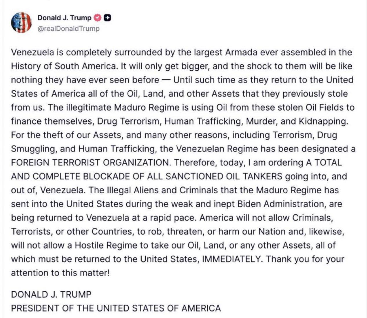 门罗主义已招致反噬。自 1962 年以来，美国军舰首次包围一个西半球国家。

不