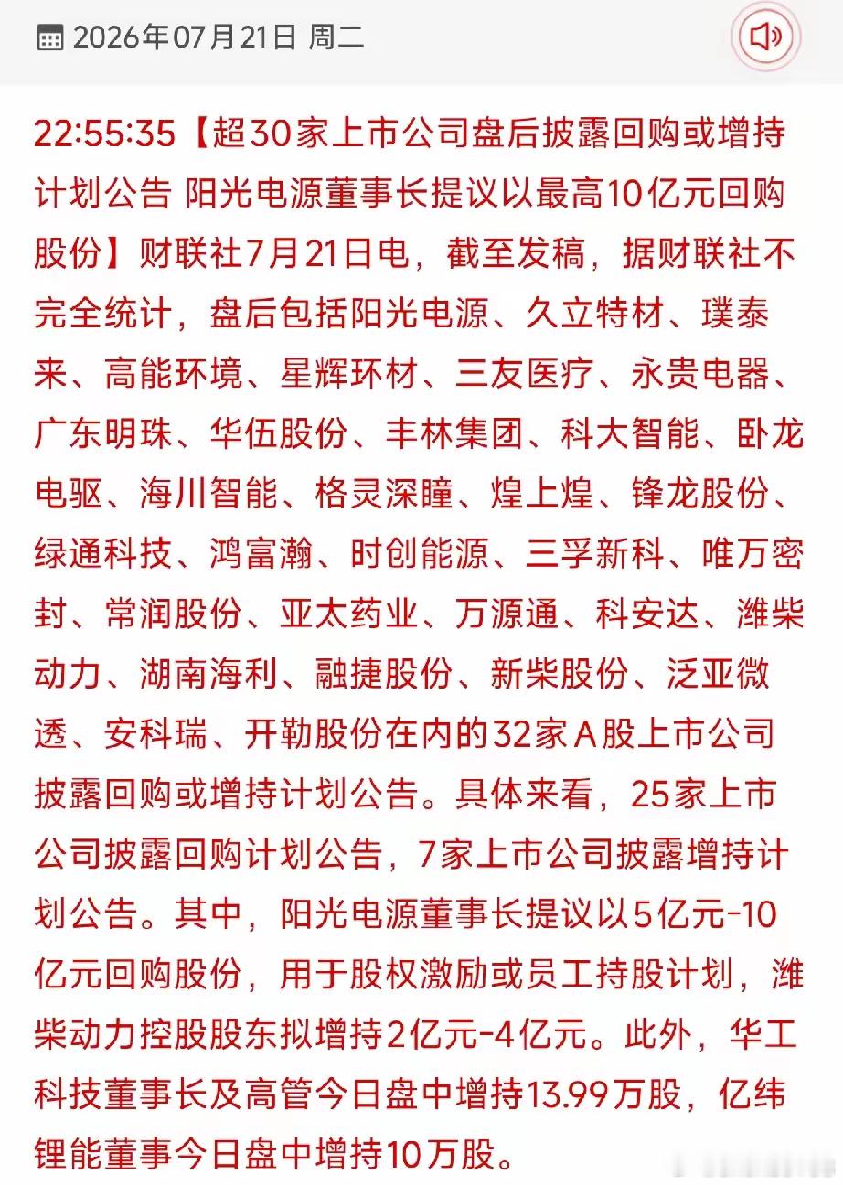 护盘信号密集释放！30多家上市公司集中回购增持一览！7月21日盘后共有32家A股