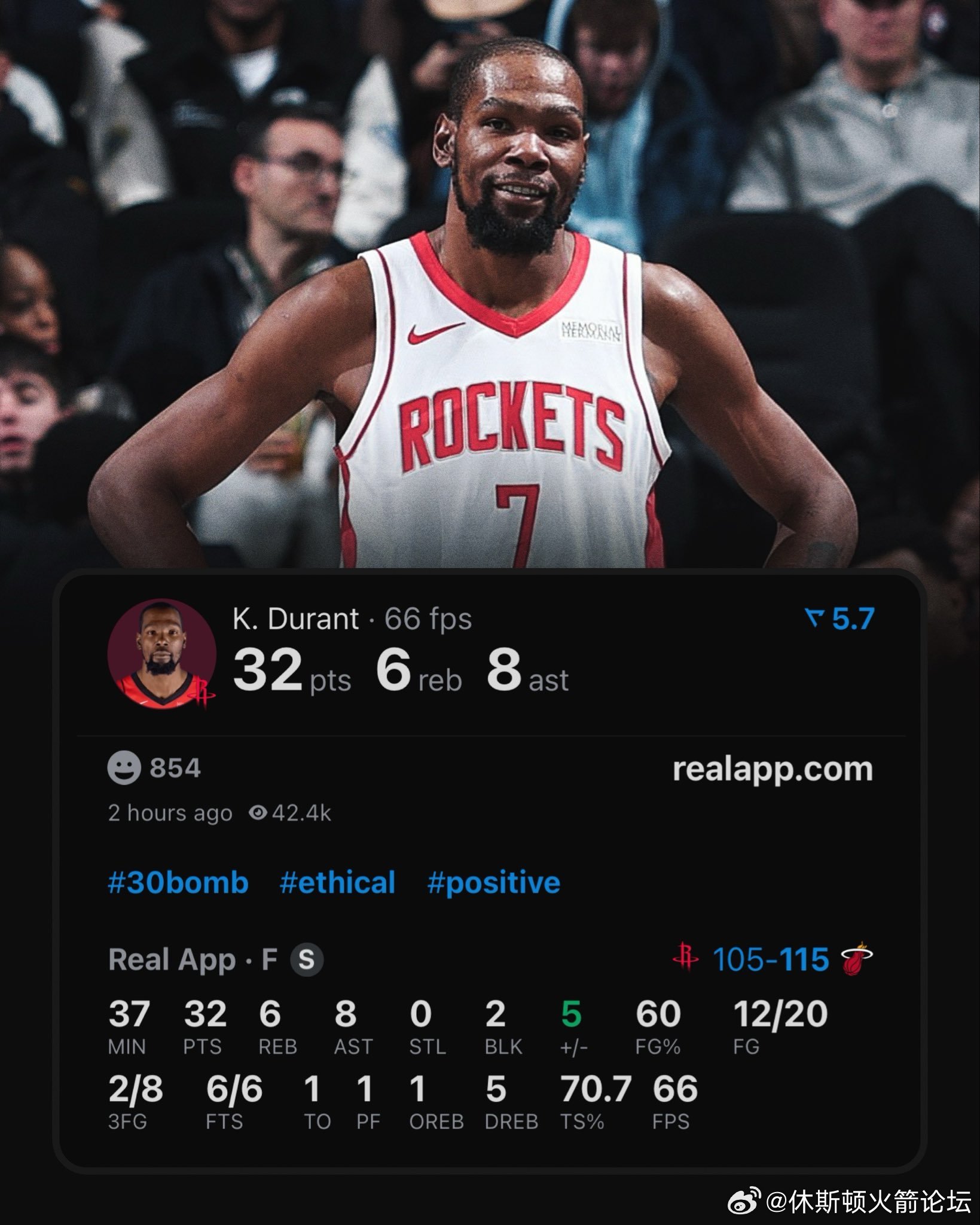 今天的老杜：登场37分钟砍下32分6篮板8助攻2盖帽投篮12/20，三分2/8，