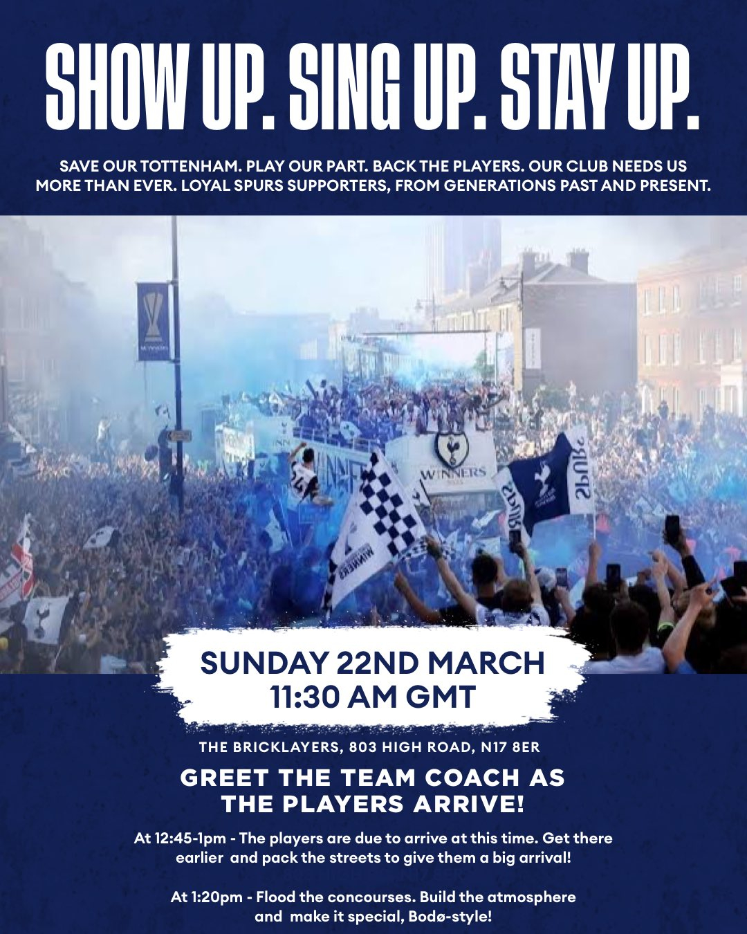 为支持热刺保级，原本的反ENIC游行都已取消，各大热刺球迷组织将在本周末主场组织