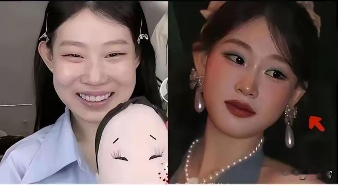 不得不承认，化妆师的技艺着实关键，化了妆和没化妆简直判若两人。
沈佳润长得很像她