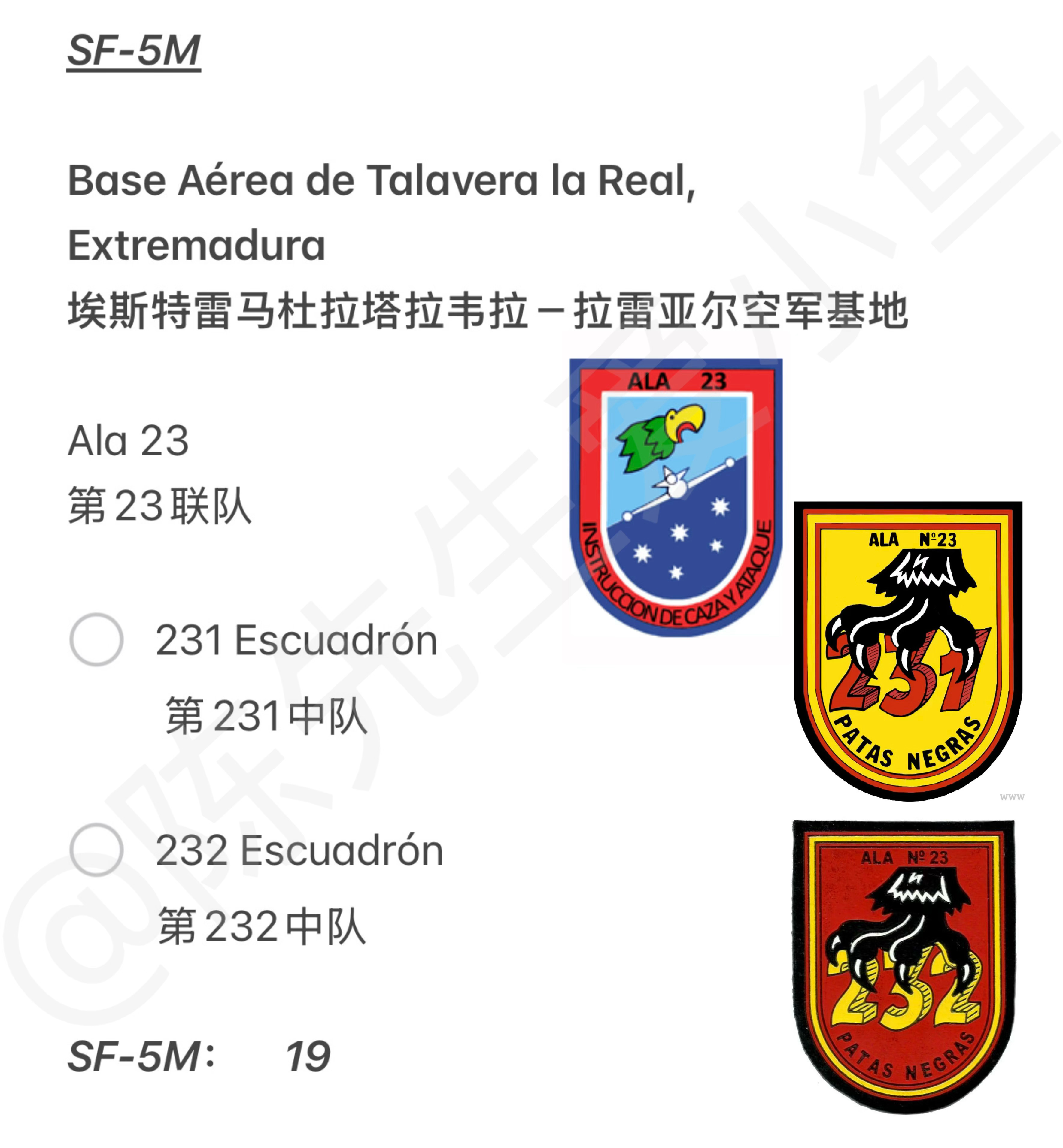 西班牙空军SF-5M教练机联队和中队｜连载加更军用飞机信息汇 目前西班牙空军编有