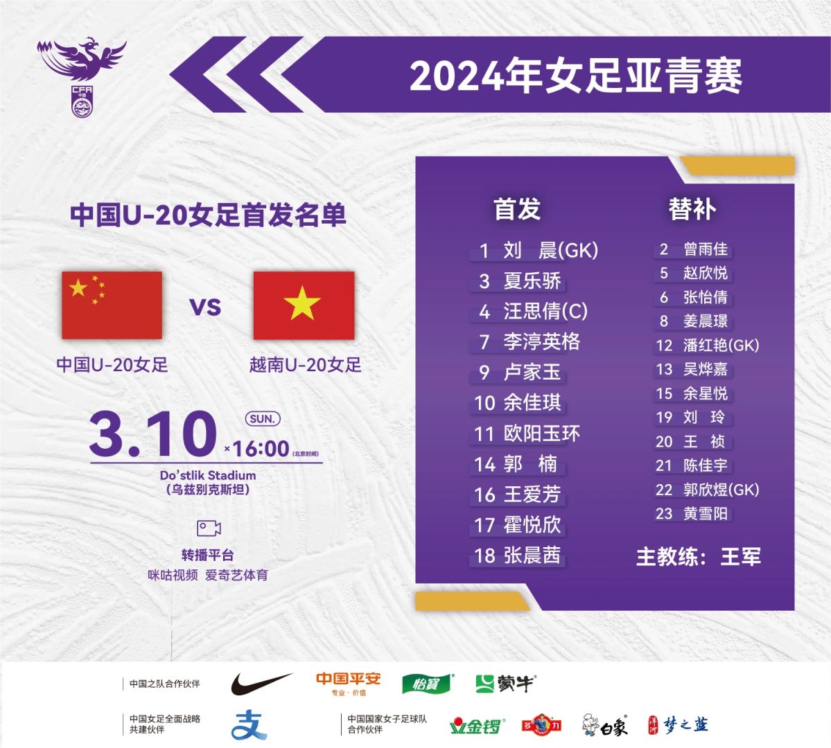 中国U-20女足对阵越南队首发阵容