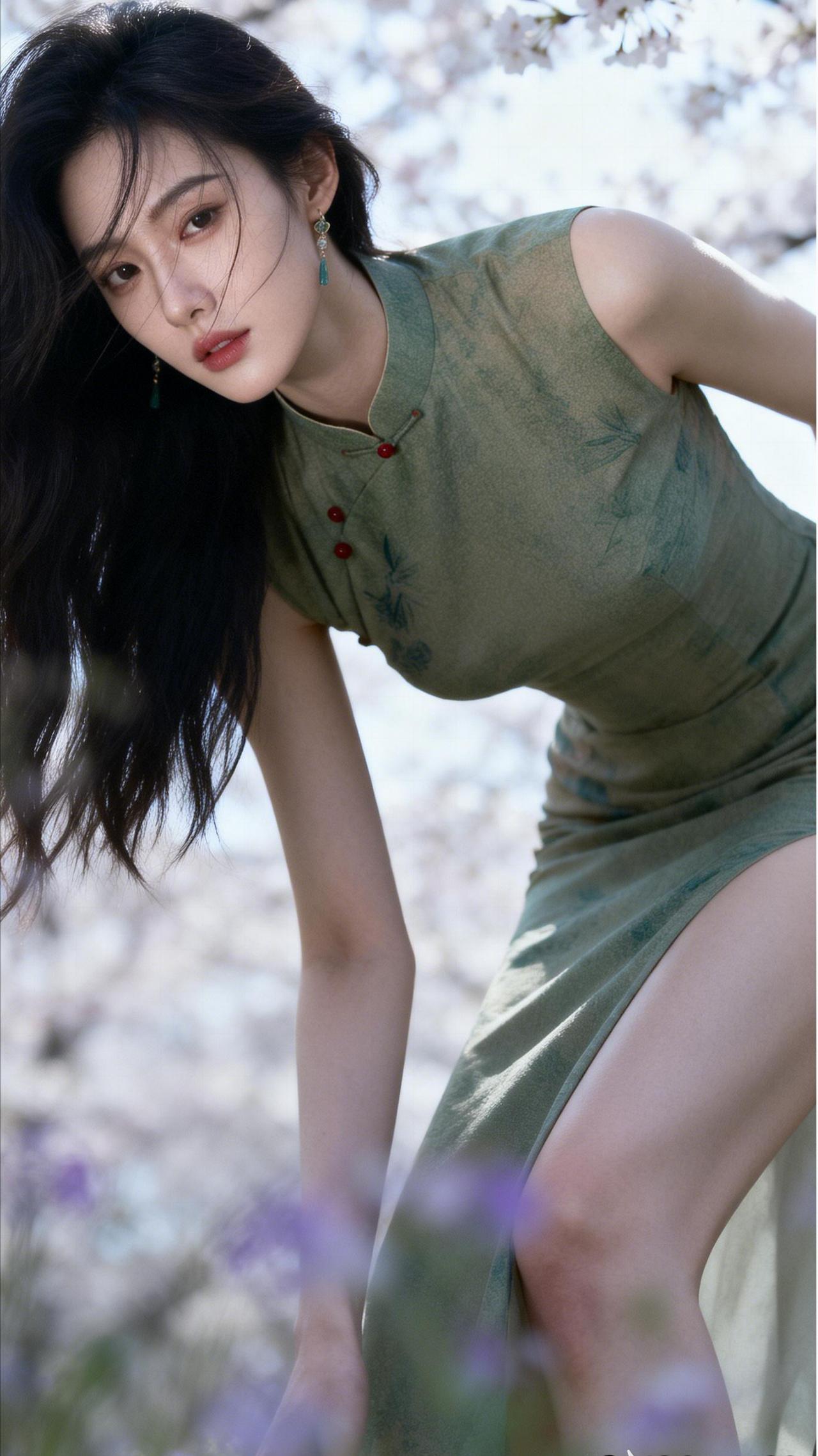 墨绿的底色上晕染着竹叶暗纹，领口三颗红玛瑙盘扣像点睛之笔，搭配同色系流苏耳坠，连