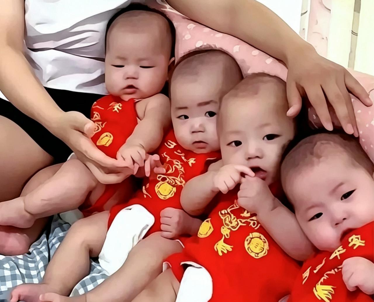谁能想到满心盼着三女一男，最后却迎来四个男宝呢？
 
上海一位孕妈自然怀上四胞胎