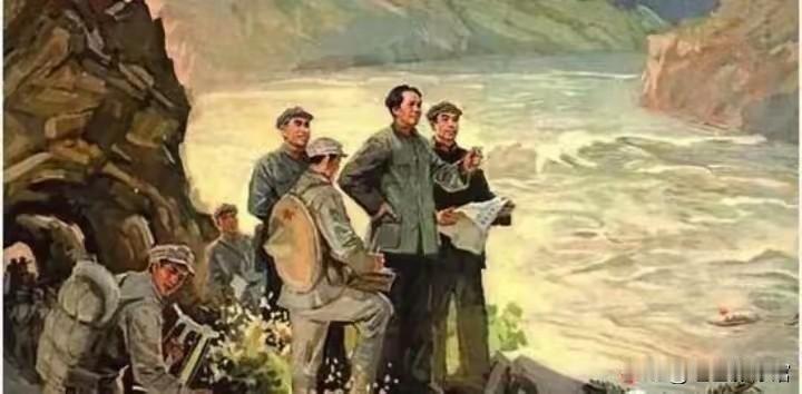图1《巧渡金沙江》
 
油画再现长征红军于金沙江畔研判军情，巧渡天险、跳出敌军围