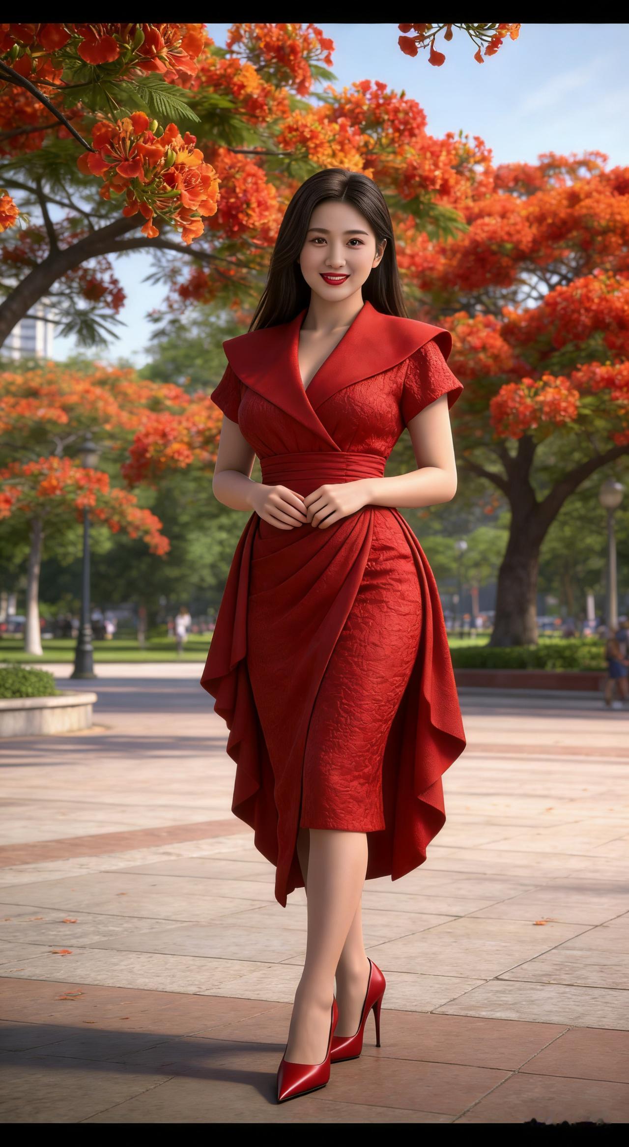 在花海中，红裙飘飘，自信满满，美不胜收！🌸💃👠