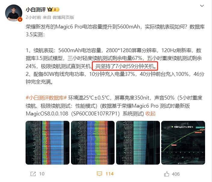 小白测评实测荣耀Magic6 Pro续航，亮屏重度使用刚好8小时，表现还是不错的