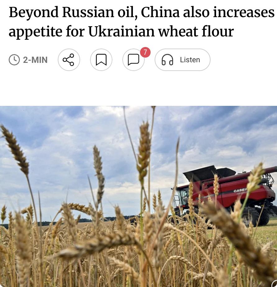 外媒：中国在与俄罗斯深化能源合作的同时，正通过扩大乌克兰小麦面粉进口展现务实平衡