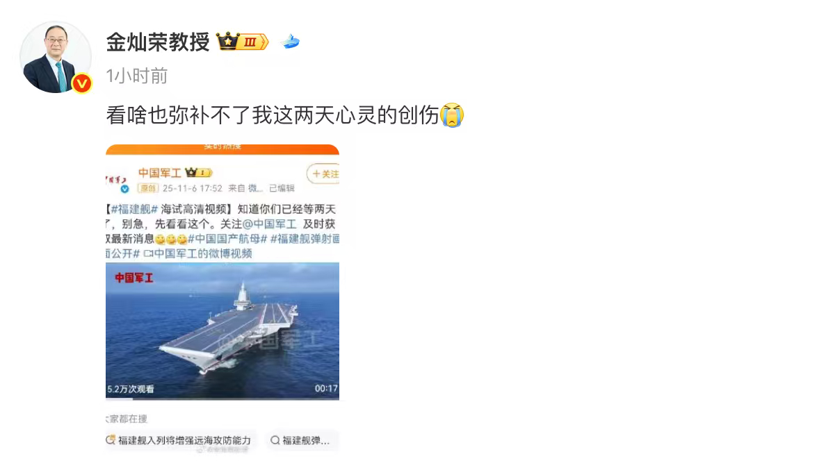 金灿荣称看啥也弥补不了心灵创伤 发博称看啥也弥补不了这两天心灵的创伤[泪奔]福建