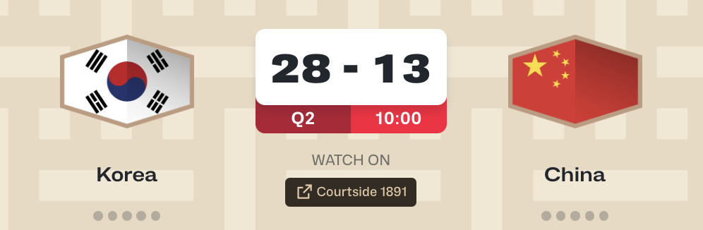 中韩男篮二番战中国男篮vs韩国男篮 中国男篮延续梦游开局，首节13-28落后15