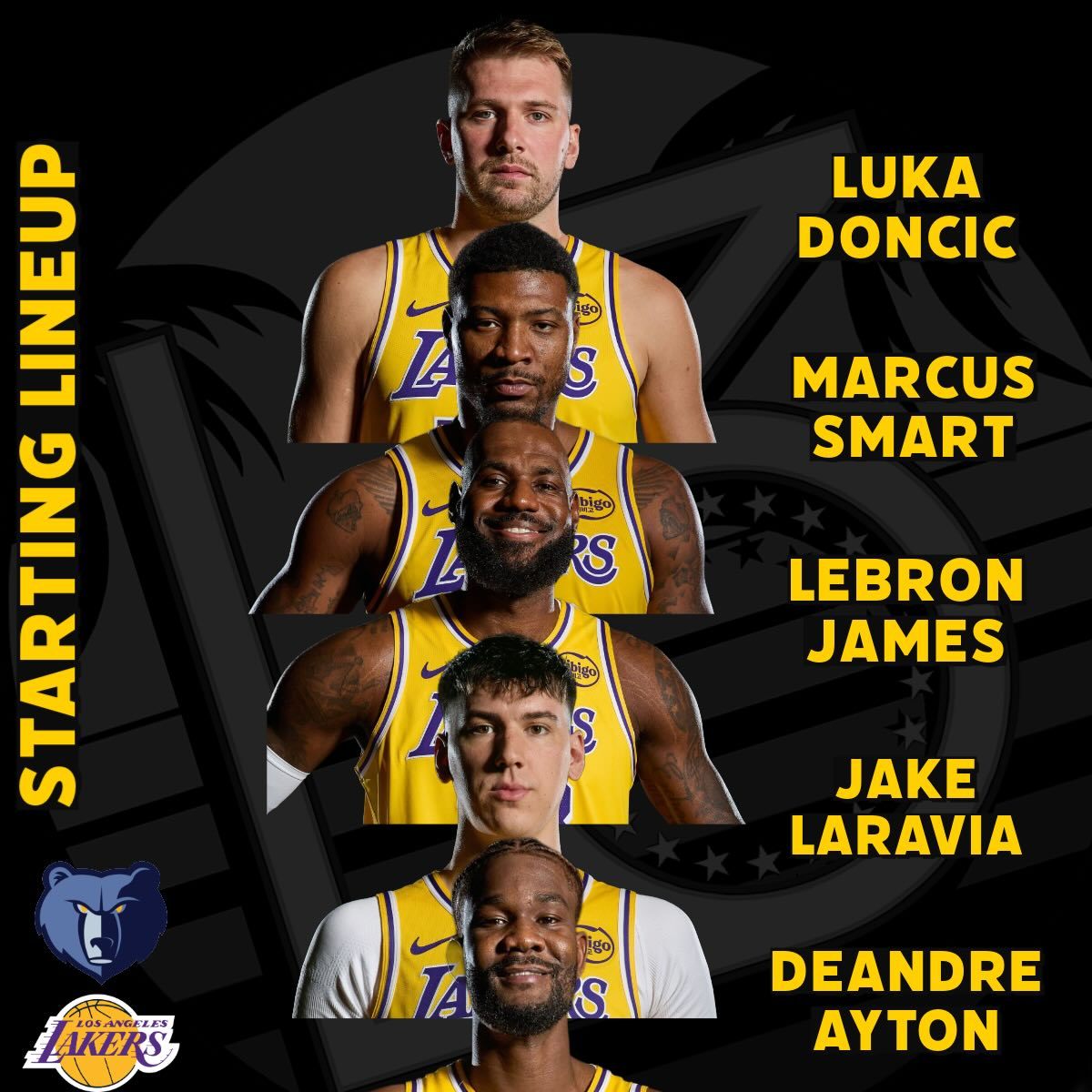 今日二番战灰熊首发：东契奇、斯玛特、拉拉维亚、老詹、艾顿！灰熊vs湖人洛杉矶湖人