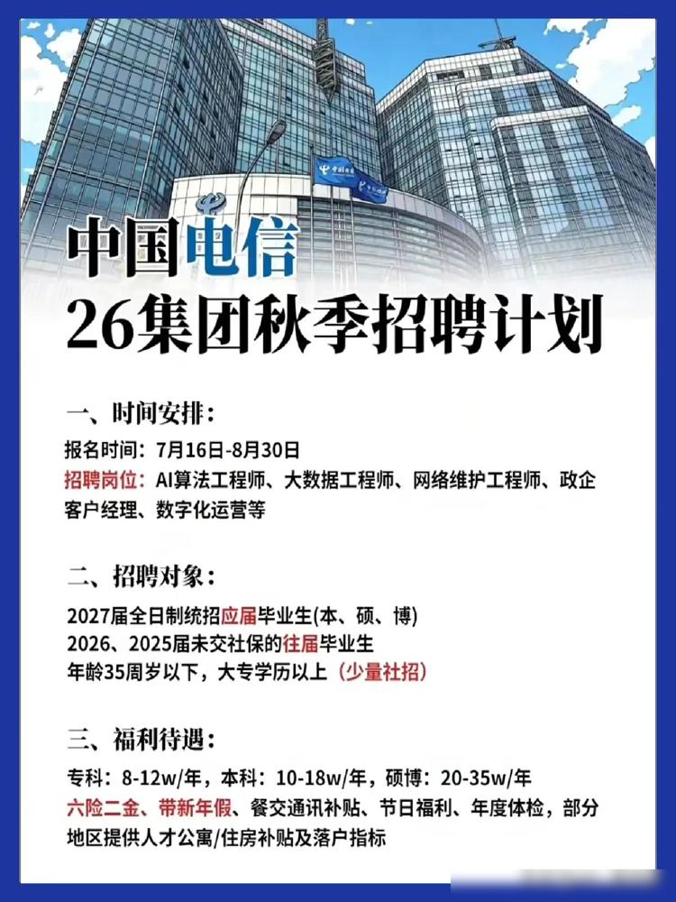同学们，中国电信这次秋季招聘是真金白银砸出来的机会，不是走过场，也不是画大饼。
