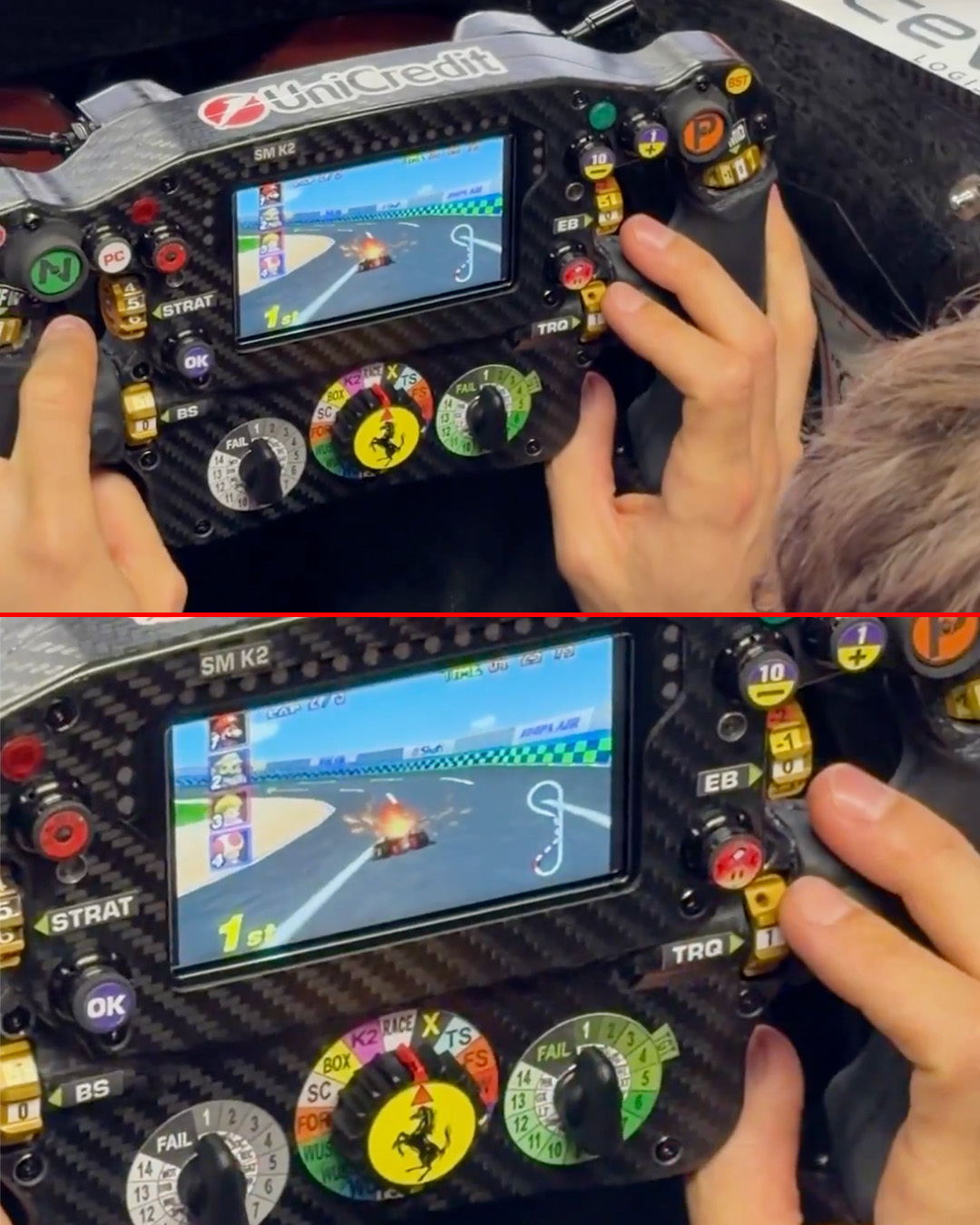 什么👀…哈哈哈哈哈 法拉利车队把马里奥赛车做进了勒克莱尔赛车的方向盘里面F1赛