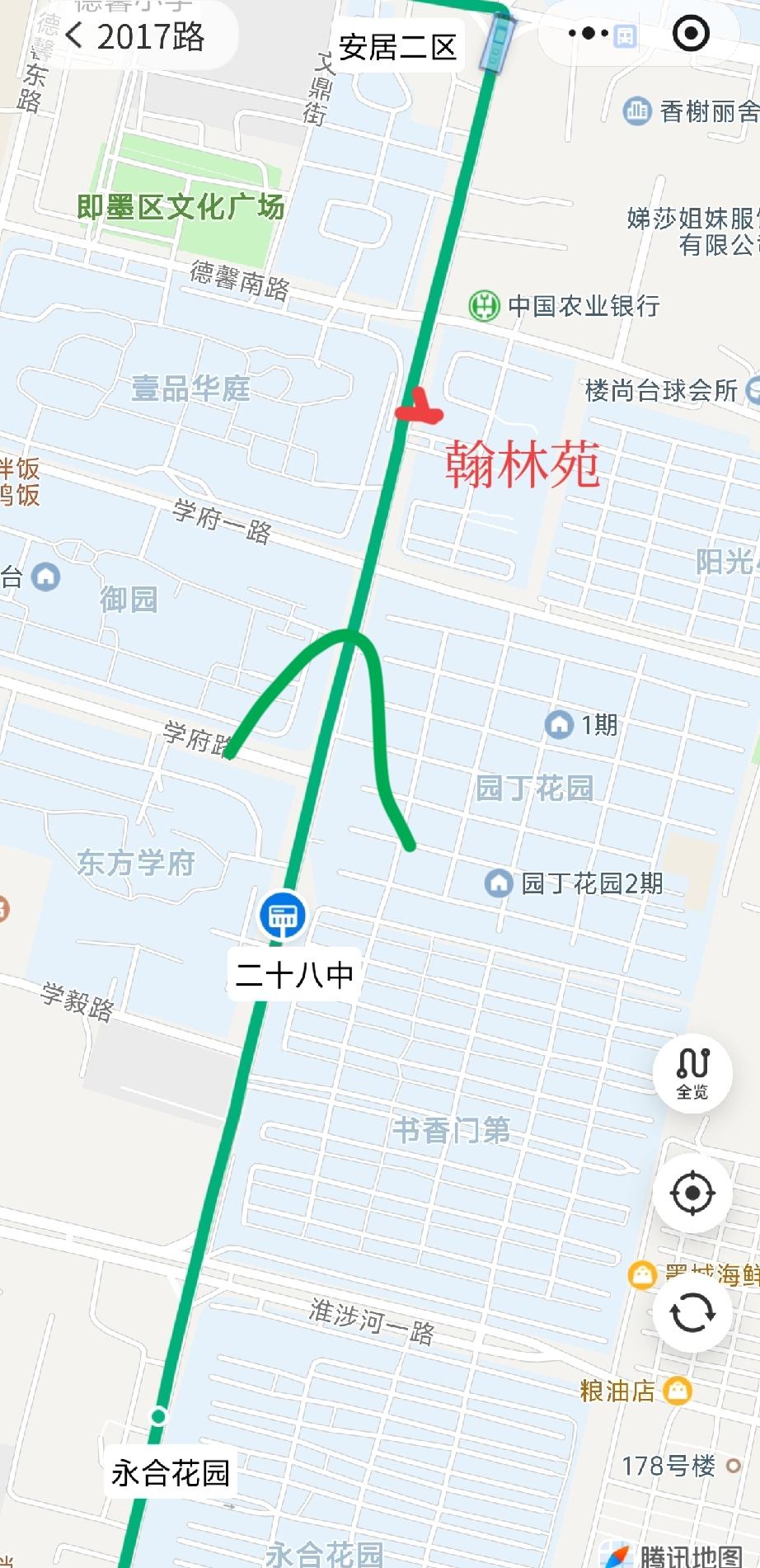 即墨永昌公交2017路发往黄家埠南方向的二十八中站点到安居二区站点之间竟然没有设